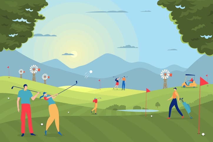 Golf Play People Vector Illustration. Participants Spend Leisure Time Doing Sport On Playing Field. Girl Hit Ball With Club.